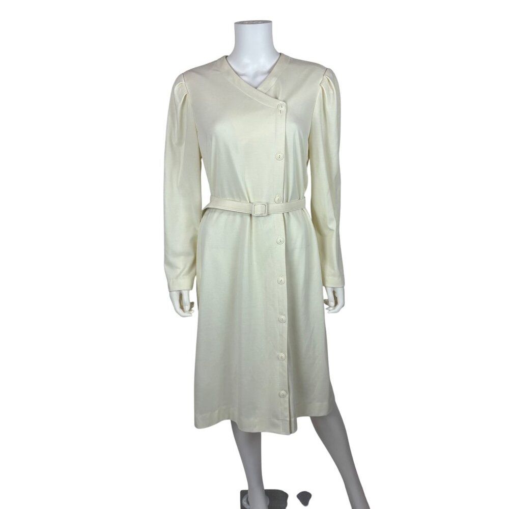 Vintage 80s Asymmetrical Dress Womens XL Cream Long Sleeve Belted Long Sleeve Po - Picture 11 of 11